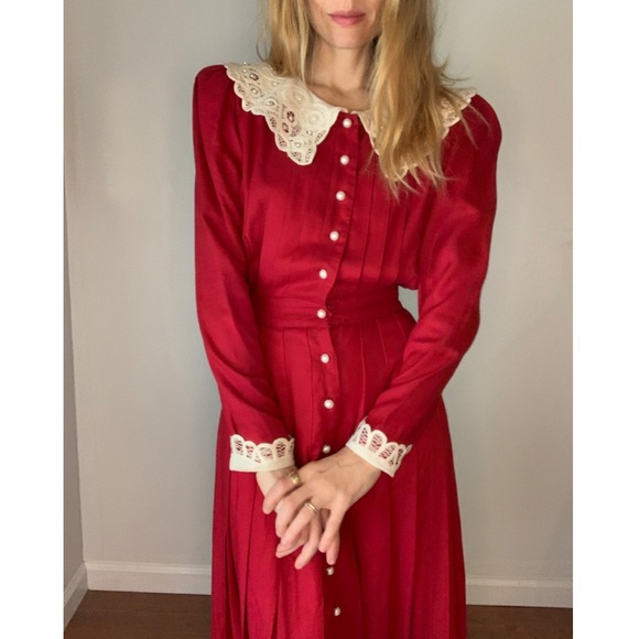 Christy Dawn Dresses & Skirts - Vintage Farmhouse Lace Collar Red  Cottagecore 80s Party Dress